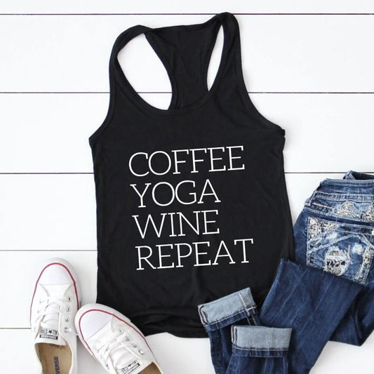 Repeat Coffee, Yoga, Wine: Women's Funny Racerback Tank for Gym and Summer Workouts